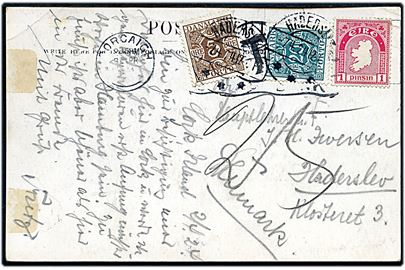 Irsk 1p single på underfrankeret brevkort fra Corcairch d. 3.4.1924 til Haderslev. Udtakseret i porto med 5 øre og 20 øre Portomærke stemplet Haderslev d. 7.4.1924.