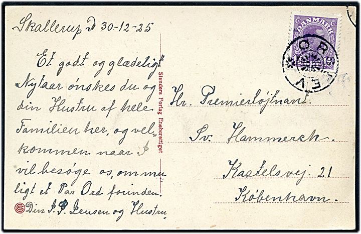 15 øre Chr. X på julekort fra Skallerup d. 30.12.1925 annulleret med stjernestempel ØRSLEV til København.