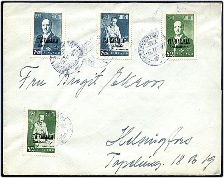 50 p., 1,75 mk. Ryti, 50 p. og 1,75 mk. Mannerheim Itä-Karjala provisorium på brev annulleret med feltpoststempel Kenttäpostikonttori no. 1 d. 6.3.1942 til Helsingfors.