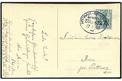 5 pfg. på brevkort (Apenrade, Knapp und Aubecker Bucht)  annulleret med bureaustempel Apenrade - Rothenkrug Bahnpost Zug 873 d. 17.1.1910 til Bau pr. Pattburg.