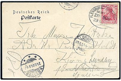 10 pfg. Germania på brevkort (Hilsen fra Dybbøl) annulleret med bureaustempel Flensburg - Sonderburg Bahnpost Zug 906 d. 23.6.1904 til Lundby, Danmark.