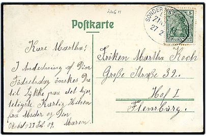 5 pfg. Germania på brevkort (Nørrehærredshus i Nordborg) annulleret med bureaustempel Sonderburg - Norburg Bahnpost Zug 11 d. 27.2.1909 til Flensburg.