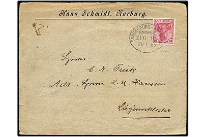 10 pfg. Germania på fortrykt kuvert fra Norburg annulleret med bureaustempel Sonderburg - Norburg Bahnpost Zug 9 d. 21.1.1905 til Lügumkloster.