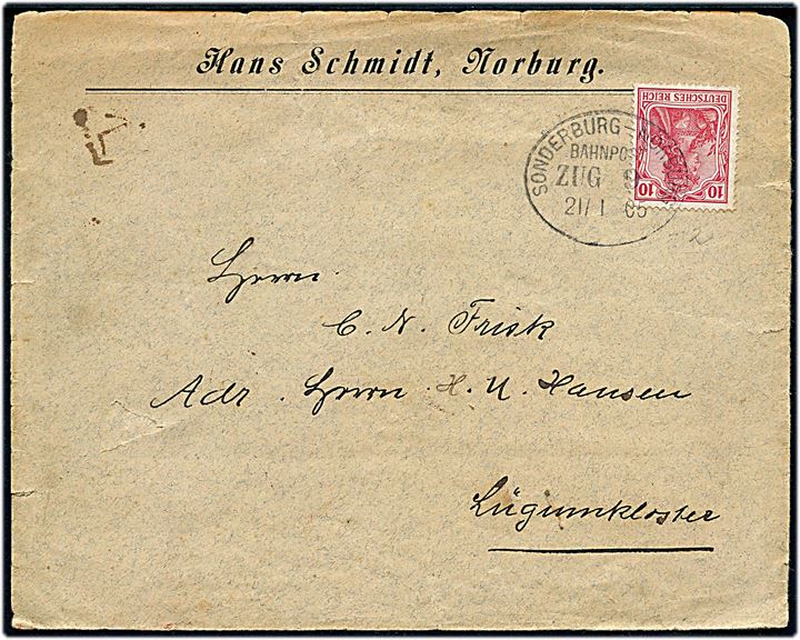 10 pfg. Germania på fortrykt kuvert fra Norburg annulleret med bureaustempel Sonderburg - Norburg Bahnpost Zug 9 d. 21.1.1905 til Lügumkloster.