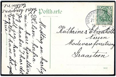5 pfg. Germania på brevkort fra Augustenborg annulleret med bureaustempel Sonderburg - Norburg Bahnpost Zug 7 d. 36.7.1908 (fejlindstillet dato!) til Graasten.