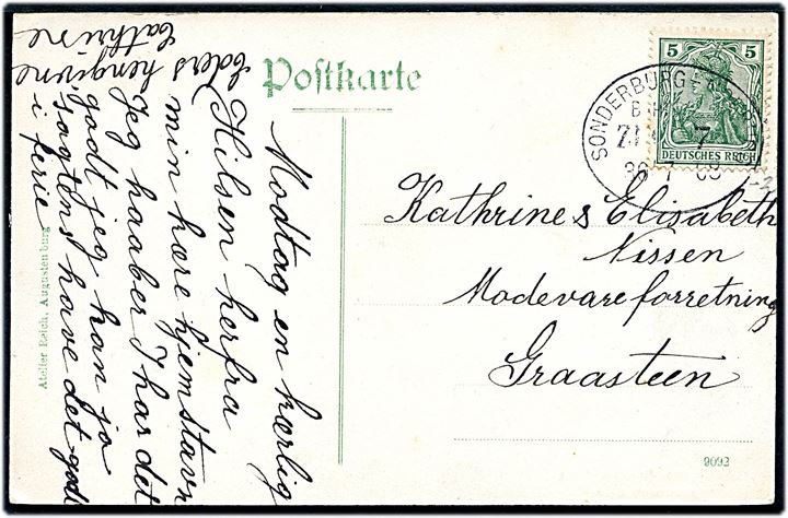 5 pfg. Germania på brevkort fra Augustenborg annulleret med bureaustempel Sonderburg - Norburg Bahnpost Zug 7 d. 36.7.1908 (fejlindstillet dato!) til Graasten.