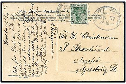 5 pfg. Germania på brevkort dateret Skodborg annulleret med bureaustempel Sommerstedt - Schottburg Bahnpost Zug 57 d. 28.10.1909 til Anslet pr. Fjelstrup St.