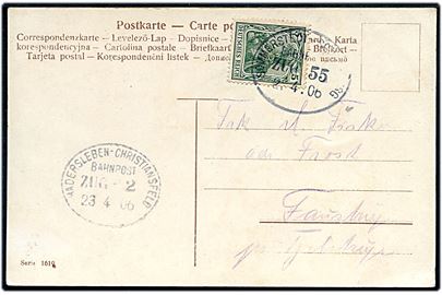 5 pfg. Germania på brevkort annulleret med bureaustempel Sommerstedt - Schottburg Bahnpost Zug 55 d. 21.4.1906 via bureau Hadersleben - Christiansfeld Bahnpost Zug 2 d. 23.4.1906 til Faustrup pr. Fjelstrup.