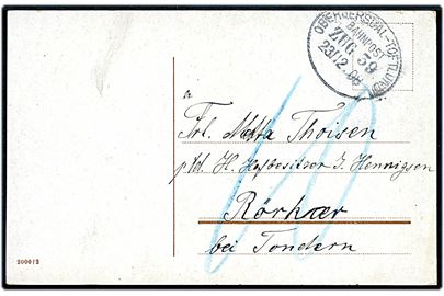 Ufrankeret julekort med bureaustempel Oberjersdal - Toftlund Bahnpost Zug 59 d. 23.12.1908 til Kørkær pr. Tondern. Udtakseret i 10 pfg. porto.