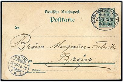 5 pfg. Germania helsagsbrevkort fra Mögeltønder annulleret med bureaustempel Hoyer-Schleuse - Tondern Bahnpost Zug 1210 d. 15.11.1900 til Bröns.