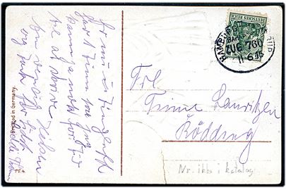 5 pfg. Germania (defekt) på brevkort annulleret med bureaustempel Hamburg - Vamdrup Bahnpost Zug 760 d. 11.6.1916 til Rødding. Tog-nr. 760 ikke registreret i Daka.