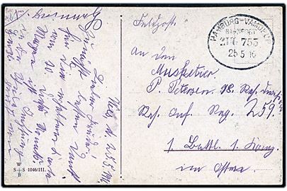 Ufrankeret feltpostkort dateret Wels (?) med bureaustempel Hamburg - Vamdrup Bahnpost Zug 755 d. 25.5.1916 til sønderjysk soldat i Res. Inf. Reg. 259 på østfronten. 