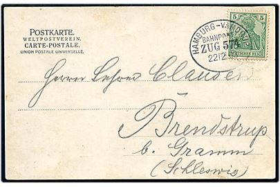5 pfg. Germanis på brevkort (Gravenstein) annulleret med bureaustempel Hamburg - Vamdrup Bahnpost Zug 574 d. 22.12.1903 til Brendstrup pr. Gramm.