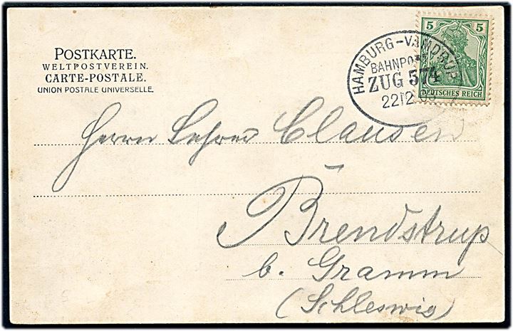 5 pfg. Germanis på brevkort (Gravenstein) annulleret med bureaustempel Hamburg - Vamdrup Bahnpost Zug 574 d. 22.12.1903 til Brendstrup pr. Gramm.