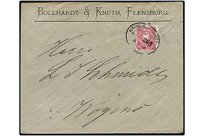 10 pdg. Adler på brev fra Flensburg annulleret med bureaustempel Hamburg - Vamdrup Bahnpost Zug 208 d. 11.9.1888 til Woyens.