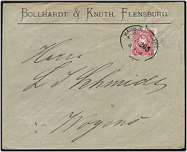10 pdg. Adler på brev fra Flensburg annulleret med bureaustempel Hamburg - Vamdrup Bahnpost Zug 208 d. 11.9.1888 til Woyens.