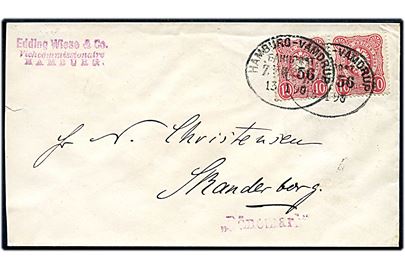 10 pfg. Adler i parstykke på brev fra Hamburg annulleret med bureaustempel Hamburg - Vamdrup Bahnpost Zug 56 d. 13.1.1890 til Skanderborg, Danmark. Tog-nr. ikke registreret i Daka.