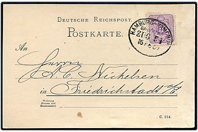 5 pfg. Ciffer på brevkort fra Neumünster annulleret med bureaustempel Hamburg - Vamdrup Bahnpost Zug 54 d. 16.6.1889 til Friedrichstadt.