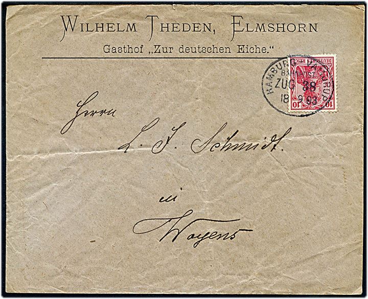 10 pfg. Germania på brev fra Elmshorn annulleret med bureaustempel Hamburg - Vamdrup Bahnpost Zug 38 d. 18.9.1903 til Woyens. Folder.