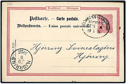 10 pfg. Adler helsagsbrevkort fra Hamburg annulleret med bureaustempel Hamburg - Vamdrup Bahnpost Zug 4 d. 19.5.1888 til Hjørring, Danmark.