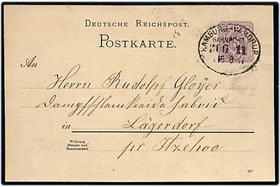 5 pfg. Ciffer helsagsbrevkort fra Neumünster annulleret med bureaustempel Hamburg - Vamdrup Bahnpost Zug 11 d. 15.8.1887 til Lägerdorf pr. Itzehoe.