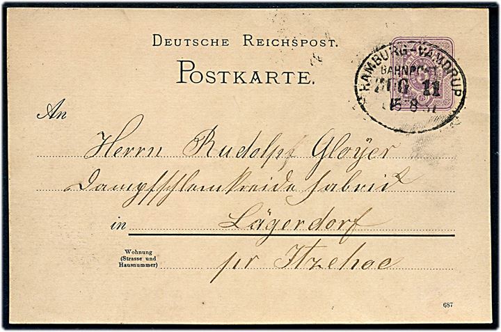 5 pfg. Ciffer helsagsbrevkort fra Neumünster annulleret med bureaustempel Hamburg - Vamdrup Bahnpost Zug 11 d. 15.8.1887 til Lägerdorf pr. Itzehoe.