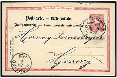 10 pfg. Adler helsagsbrevkort fra Hamburg annulleret med bureaustempel Hamburg - Vamdrup Bahnpost Zug 4 d. 28.4.1888 til Hjørring, Danmark.