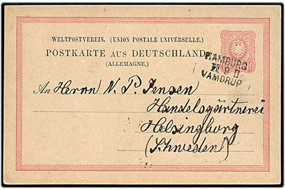 10 pfg. Adler helsagsbrevkort fra Horst annulleret med tidligt bureaustempel Hamburg - Vamdrup d. 11.9.1882 til Helsingborg, Sverige.