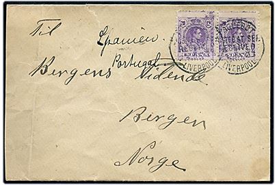 20 cts. Alfonso XIII i parstykke på skibsbrev annulleret Paquebot Posted at Sea Received Liverpool d. 27.1.1923 til Bergen, Norge.