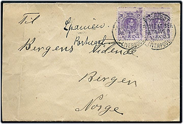 20 cts. Alfonso XIII i parstykke på skibsbrev annulleret Paquebot Posted at Sea Received Liverpool d. 27.1.1923 til Bergen, Norge.