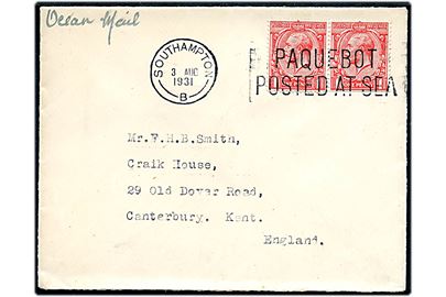 1d George V i parstykke på skibsbrev påskrevet Ocean Mail annulleret Southampton / Paquebot Posted at Sea d. 3.8.1931 til Canterbury, England.