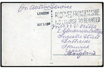 Ufrankeret On Active Service flådepostkort (Constantinople) med stempel London / Received from H.M.Ship No Charge to be Raised d. 5.5.1919 til Harwich, England.