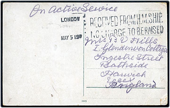 Ufrankeret On Active Service flådepostkort (Constantinople) med stempel London / Received from H.M.Ship No Charge to be Raised d. 5.5.1919 til Harwich, England.