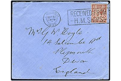 1½d George V på flådepostbrev annulleret London / Received from H. M. Ships d. 30.9.1932 til Plymouth, England.