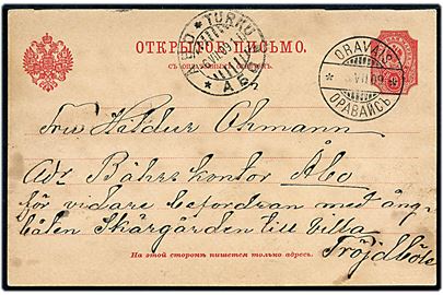 10 pen helsagsbrevkort sendt som skærgårdspost med med 2-sproget stempel i Oravais d. 5.7.1909 via Åbo og med ångbåten Skärgården til Villa Tröjdböle.