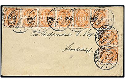 1 øre Våben (8) på brev fra Horsens d. 30.9.1902 til Storehedinge. Sidste dag med 8 øre takst. Landsporto steg til 10 øre for breve pr. 1.10.1902.