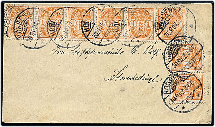 1 øre Våben (8) på brev fra Horsens d. 30.9.1902 til Storehedinge. Sidste dag med 8 øre takst. Landsporto steg til 10 øre for breve pr. 1.10.1902.