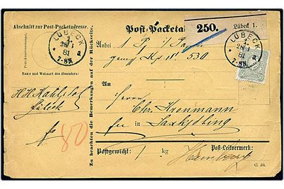 10 pfg., 20 pfg. og 50 pfg. Adler på for- og bagside af adressekort for pakke fra Lübeck d. 28.1.1881 via Hamburg og Kolding til Saxkjøbing, Danmark.