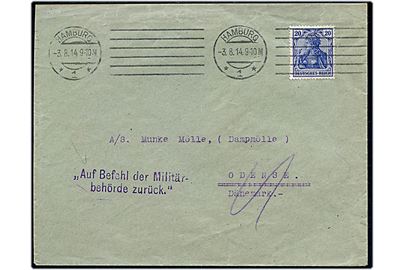 20 pfg. Germania på brev fra Hamburg d. 3.8.1914 til Odense, Danmark. Returneret på grund af 1. verdenskrig med stempel: Auf Befehl der Militär- / behörde zurück..