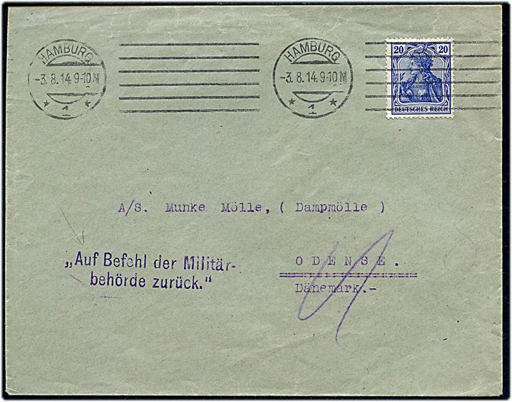 20 pfg. Germania på brev fra Hamburg d. 3.8.1914 til Odense, Danmark. Returneret på grund af 1. verdenskrig med stempel: Auf Befehl der Militär- / behörde zurück..
