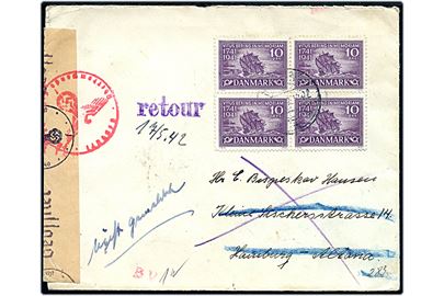 10 øre Vitus Bering i fireblok på brev fra Malling 1942 til Hamburg, Tyskland. Returneret med 2-sproget retur-etiket Unbekandt. Åbnet af tysk censur i Hamburg.