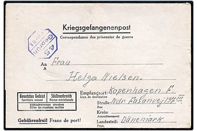 Ufrankeret fortrykt krigsfange dobbelt foldebrev fra dansk politimand Niels Nielsen indsat i Stalag IVD (= Torgau) dateret d. 25.3.1945 og fremsendt via Dansk Røde Kors d. 18.4.1945 til København, Danmark. Violet lejrcensur fra Stalag IVB