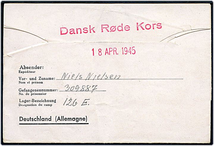 Ufrankeret fortrykt krigsfange dobbelt foldebrev fra dansk politimand Niels Nielsen indsat i Stalag IVD (= Torgau) dateret d. 25.3.1945 og fremsendt via Dansk Røde Kors d. 18.4.1945 til København, Danmark. Violet lejrcensur fra Stalag IVB
