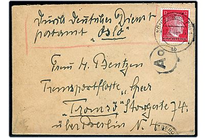 12 pfg. Hitler på brev fra Königsberg d. 17.6.1944 til dansk kvinde, H. Bentzen, ved Transportflotte Speer i Tromsø, Norge. Sendt via Deutsche Dienstpostamt Oslo. Passér stemplet Ao ved den tyske censur i Oslo.