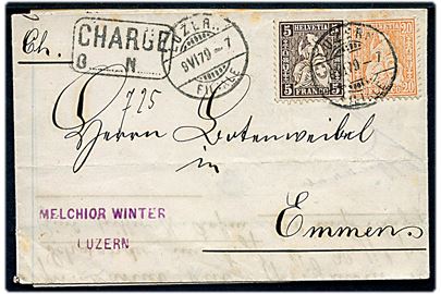 5 c. og 20 c. Helvetia på anbefalet brev fra Luzern d. 9.6.1879 til Emmens.