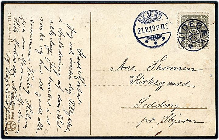 3 øre Bølgelinie på lokalt brevkort annulleret med stjernestempel VIDEBÆK og sidestemplet Skjern d. 21.2.1913 til Sædding pr. Skjern.