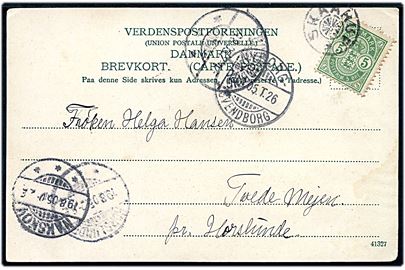 5 øre Våben på brevkort annulleret med stjernestempel SKAARUP og sidestemplet bureau Nyborg - Svernborg T.26 d. 18.8.1905 via Rudkjøbing og Nakskov til Tvede Mejeri pr. Horslunde.
