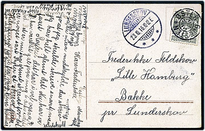 3 øre Bølgelinie på lokalt brevkort annulleret med stjernestempel ØSTER-GJESTEN og sidestemplet Lunderskov d. 23.10.1916 til Bække pr. Lunderskov.