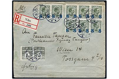 3 øre Bølgelinie (par) og 8/12 øre Provisorium (8) på anbefalet brev fra Nibe d. 26.5.1921 til Wien, Østrig.