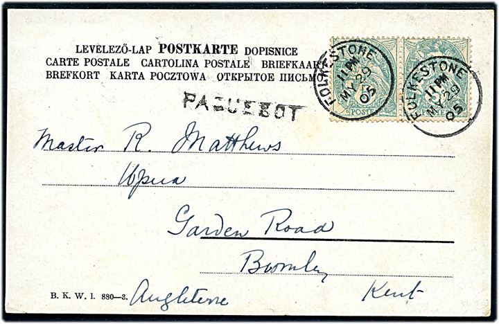 5 c. i parstykke på brevkort annulleret med britisk stempel i Folkestone d. 29.5.1905 og sidestemplet Paquebot til Bromley, England. Motiv: Storke kommer med en vognfuld børn.